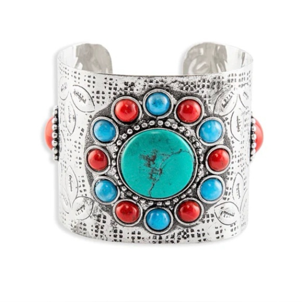 Myra Silver, Turquoise & Red Stone Handcrafted Cuff Bracelet "Gems Tone"